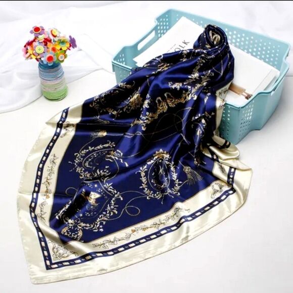 Scarf Headwraps for Women Silk Scarf Navy Satin Print 35 x 35 - Picture 4 of 12
